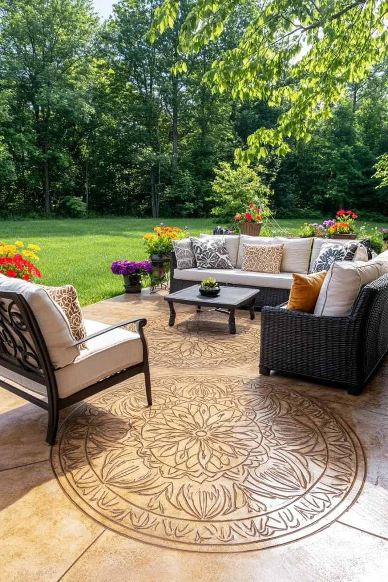 15 Unique Concrete Backyard Ideas for Creative Outdoor Style 7 stamped concrete patio with intricate mandala or leaf patterns 1