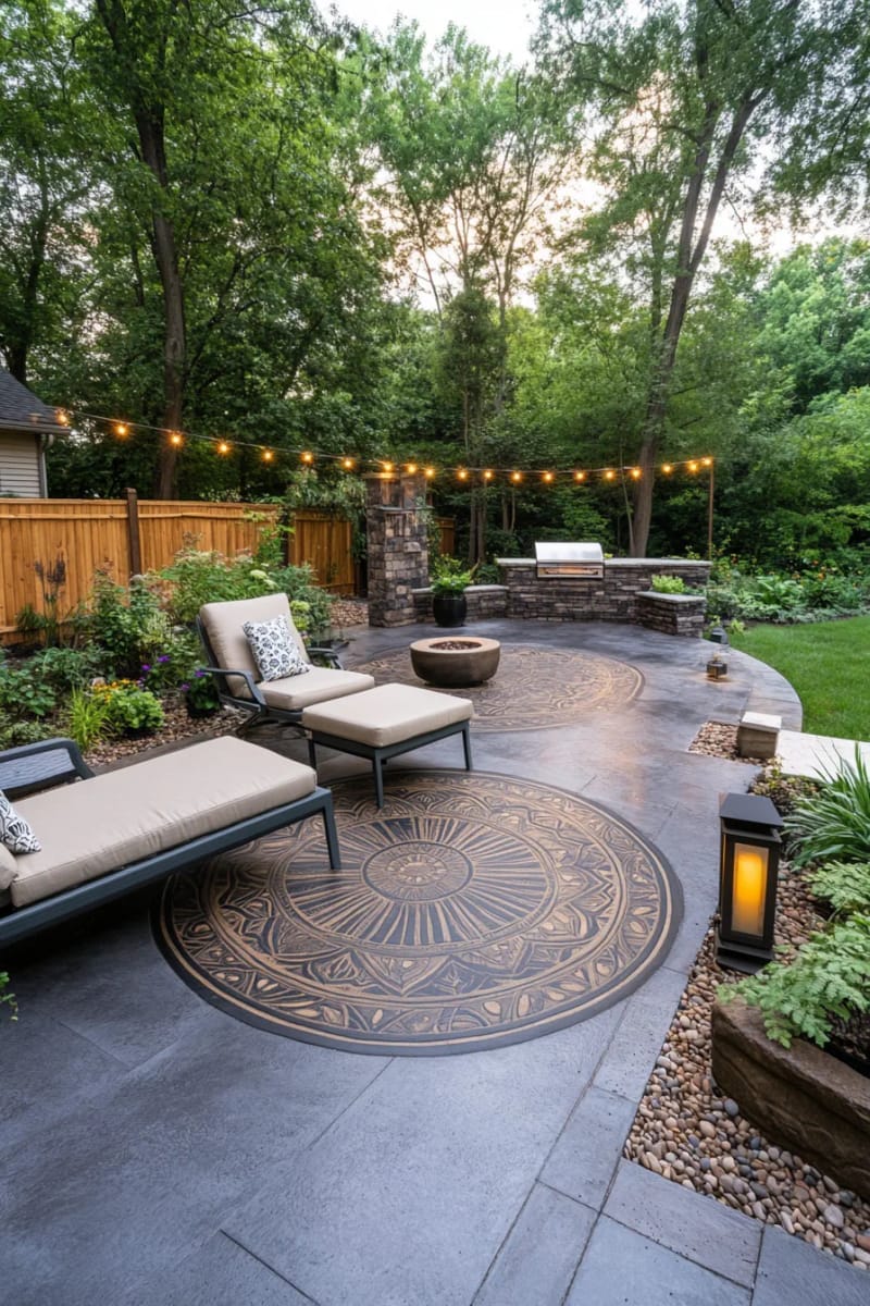 15 Unique Concrete Backyard Ideas for Creative Outdoor Style 9 stamped concrete patio with intricate mandala or leaf patterns 1