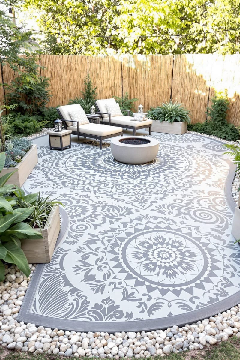 15 Unique Concrete Backyard Ideas for Creative Outdoor Style 10 stamped concrete patio with intricate mandala or leaf patterns 1