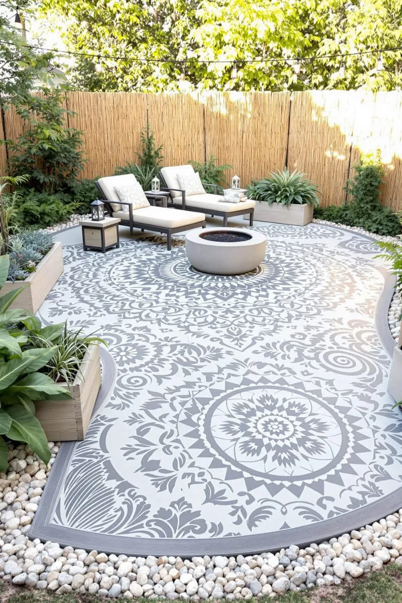 15 Unique Concrete Backyard Ideas for Creative Outdoor Style 9 stamped concrete patio with intricate mandala or leaf patterns 1