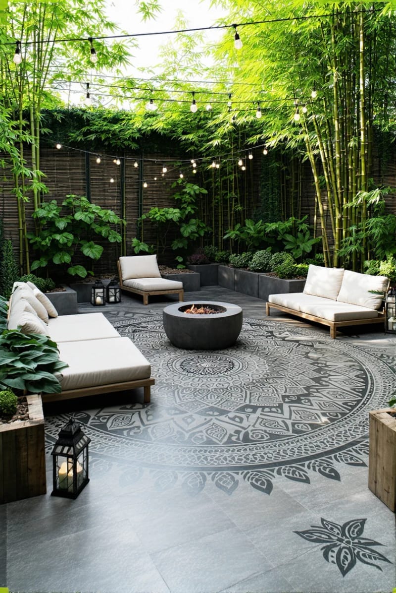 15 Unique Concrete Backyard Ideas for Creative Outdoor Style 11 stamped concrete patio with intricate mandala or leaf patterns 1