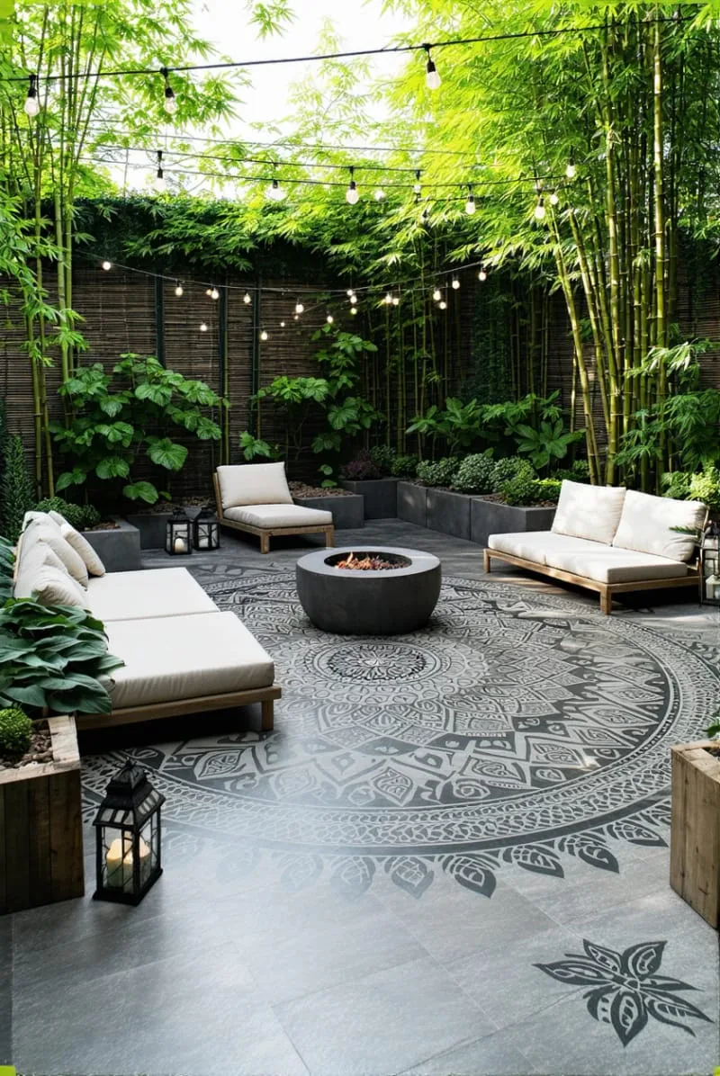 15 Unique Concrete Backyard Ideas for Creative Outdoor Style 10 stamped concrete patio with intricate mandala or leaf patterns 1