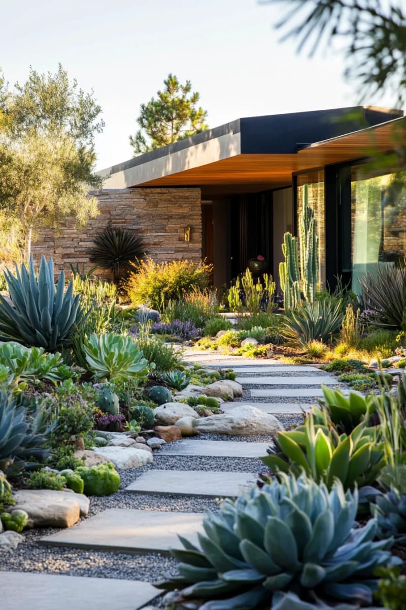 succulent garden beds flanking a modern ranch entryway 1