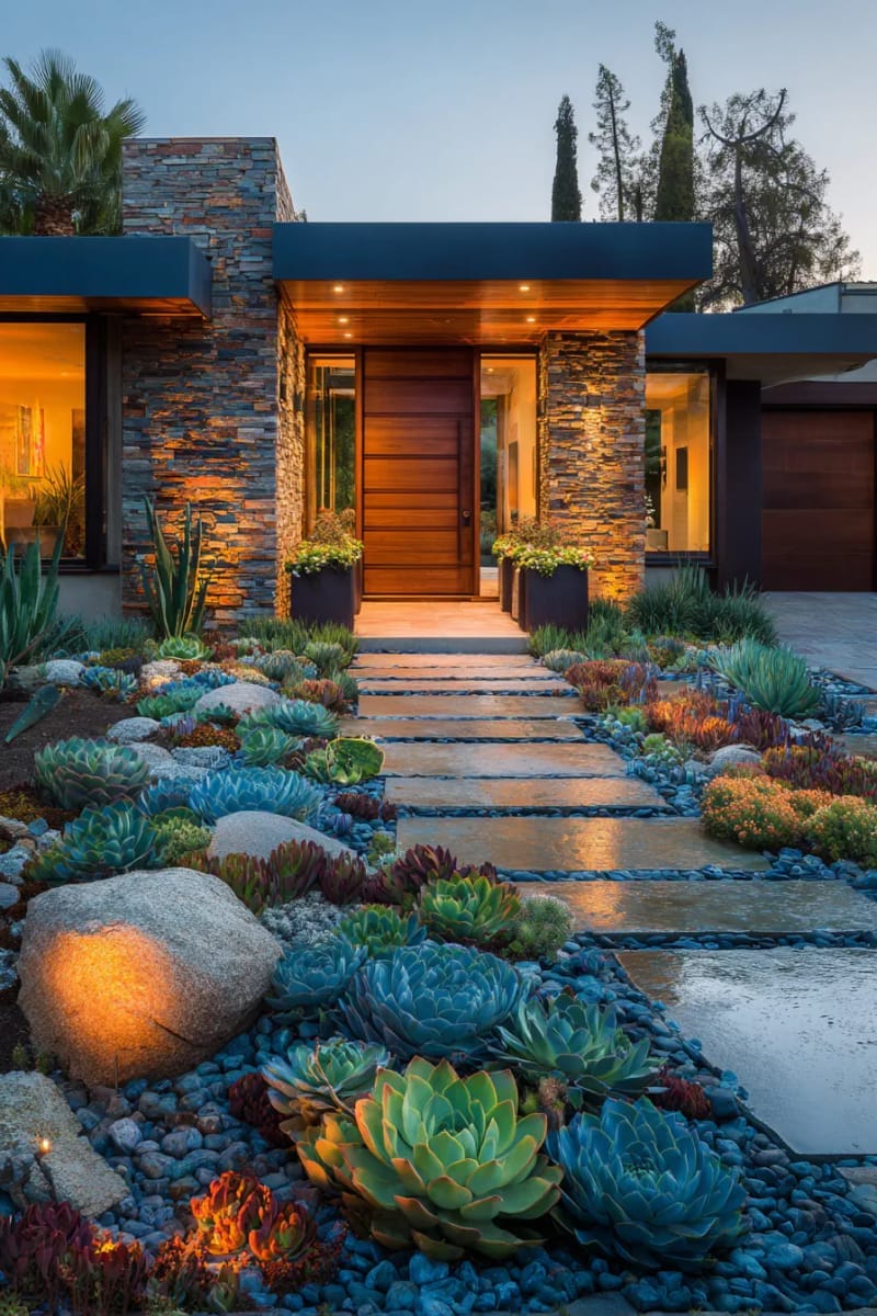 succulent garden beds flanking a modern ranch entryway 1