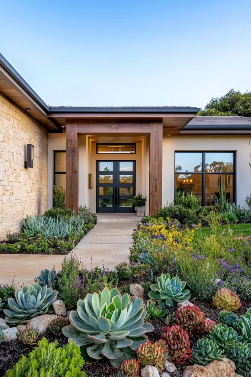 succulent garden beds flanking a modern ranch entryway 1