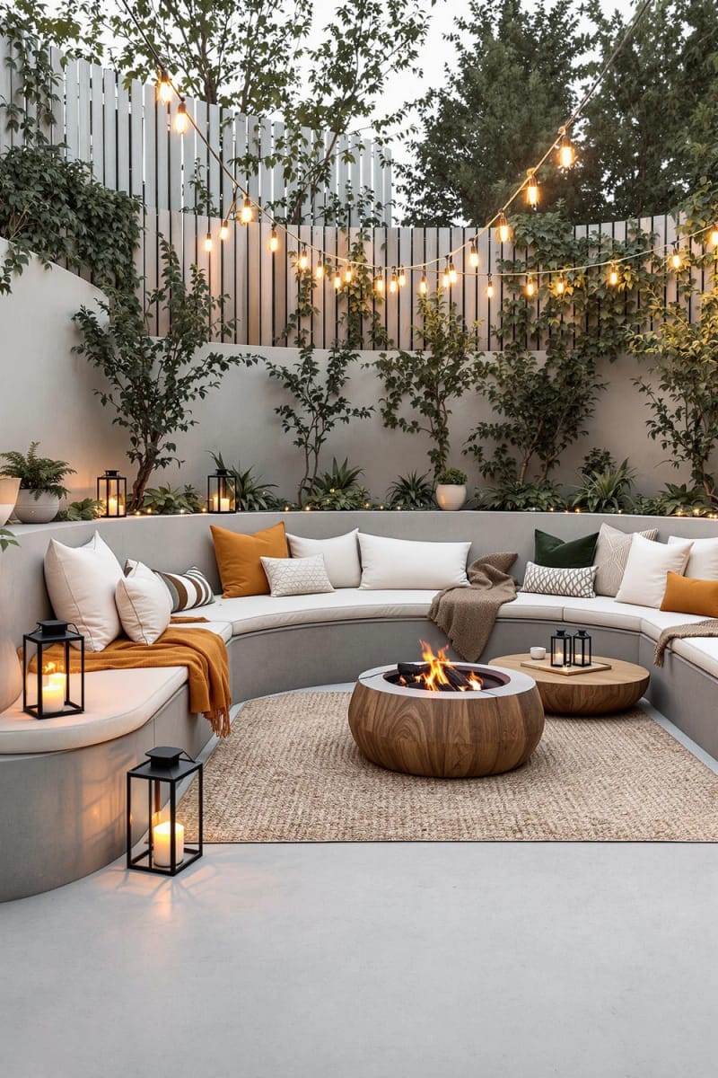 15 Unique Concrete Backyard Ideas for Creative Outdoor Style 23 sunken concrete lounge area with cozy cushions and lanterns 1