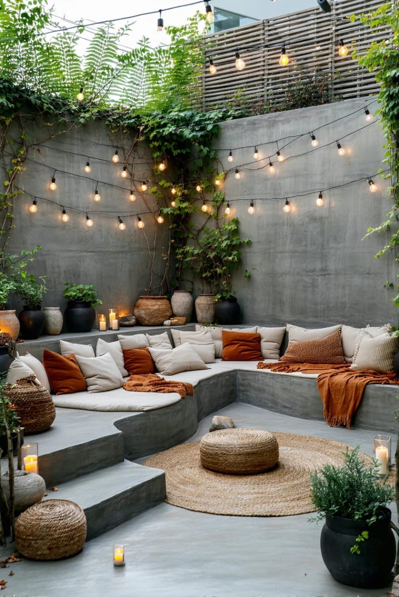 15 Unique Concrete Backyard Ideas for Creative Outdoor Style 24 sunken concrete lounge area with cozy cushions and lanterns 1