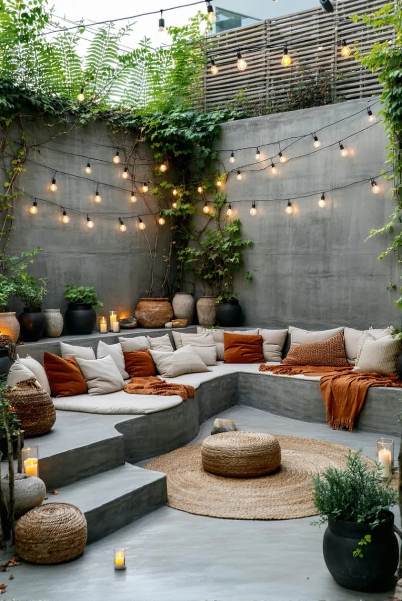 15 Unique Concrete Backyard Ideas for Creative Outdoor Style 23 sunken concrete lounge area with cozy cushions and lanterns 1