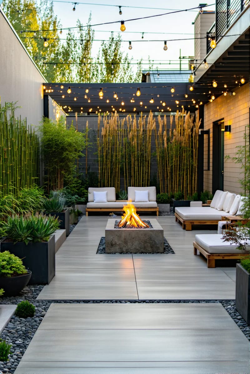 15 Unique Concrete Backyard Ideas for Creative Outdoor Style 25 sunken concrete lounge area with cozy cushions and lanterns 1