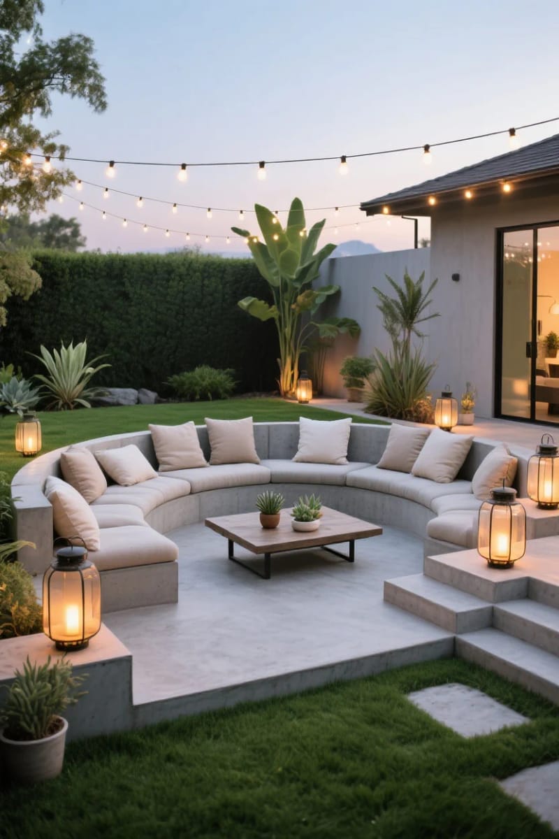 15 Unique Concrete Backyard Ideas for Creative Outdoor Style 26 sunken concrete lounge area with cozy cushions and lanterns 1