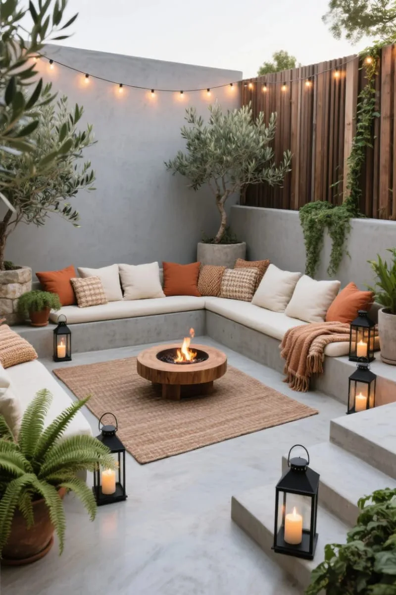 15 Unique Concrete Backyard Ideas for Creative Outdoor Style 26 sunken concrete lounge area with cozy cushions and lanterns 1