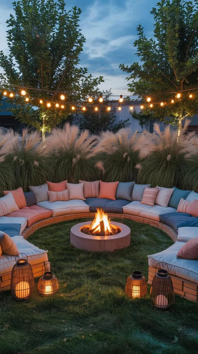 sunken fire pit lounge with oversized floor cushions and lanterns 1