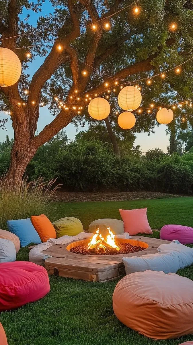 sunken fire pit lounge with oversized floor cushions and lanterns 1