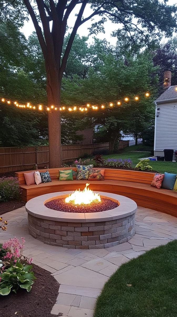 sunken fire pit with built-in bench seating 1