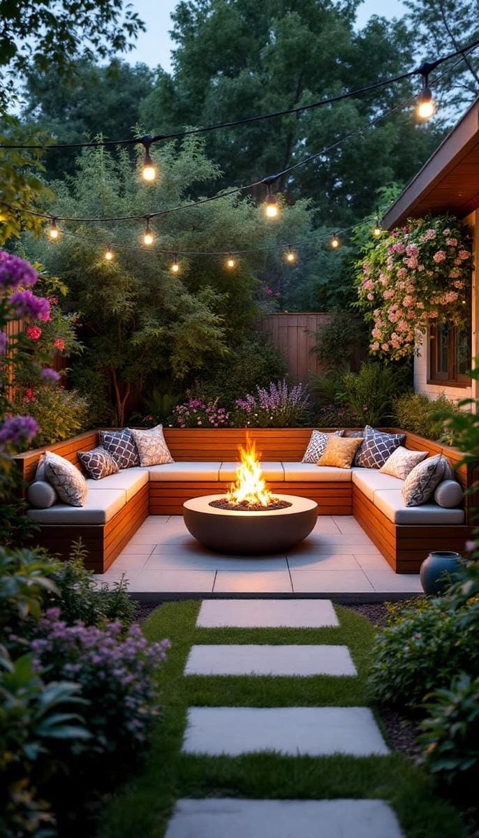 sunken fire pit with built-in bench seating 1