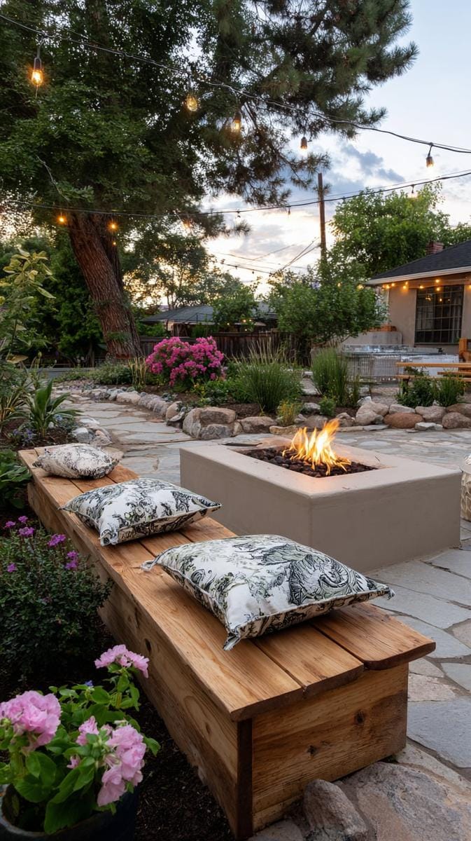 sunken fire pit with built-in bench seating 1