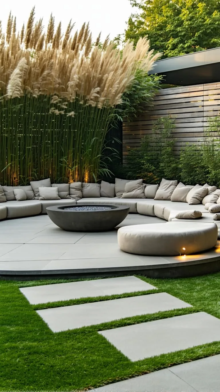 sunken seating circle surrounded by lush ornamental grasses 1