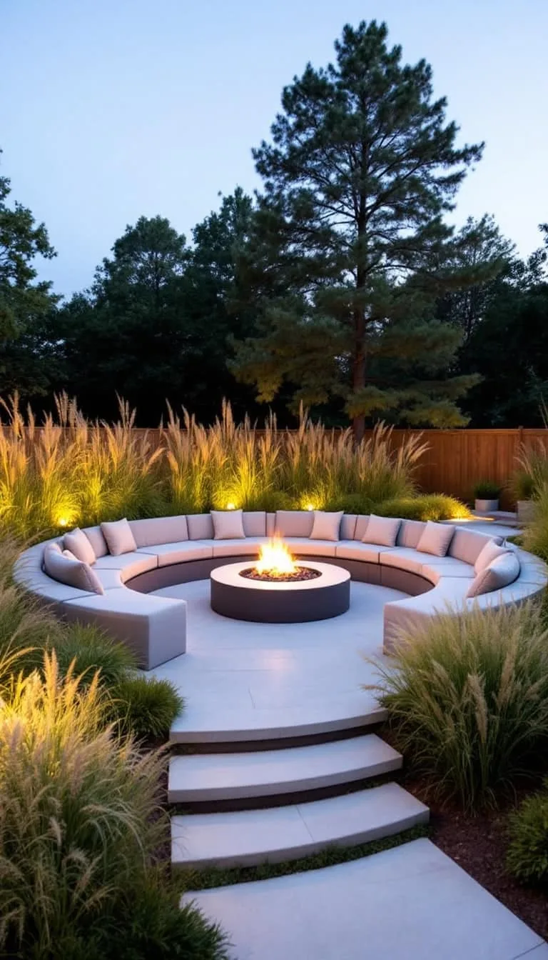 sunken seating circle surrounded by lush ornamental grasses 1
