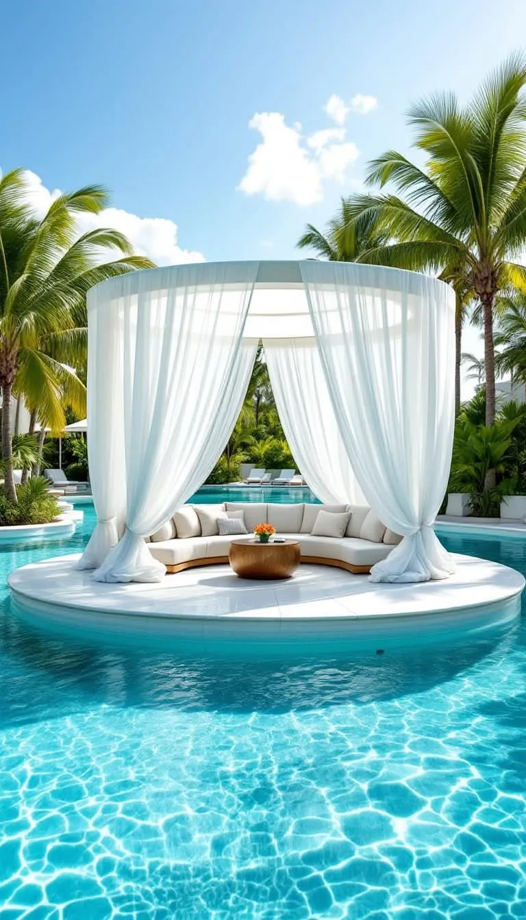 sunken seating pool cabana surrounded by water for a floating effect 1