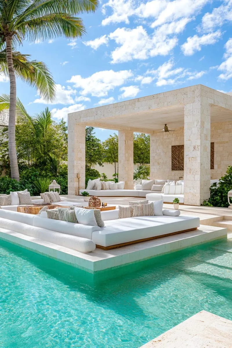 sunken seating pool cabana surrounded by water for a floating effect 1