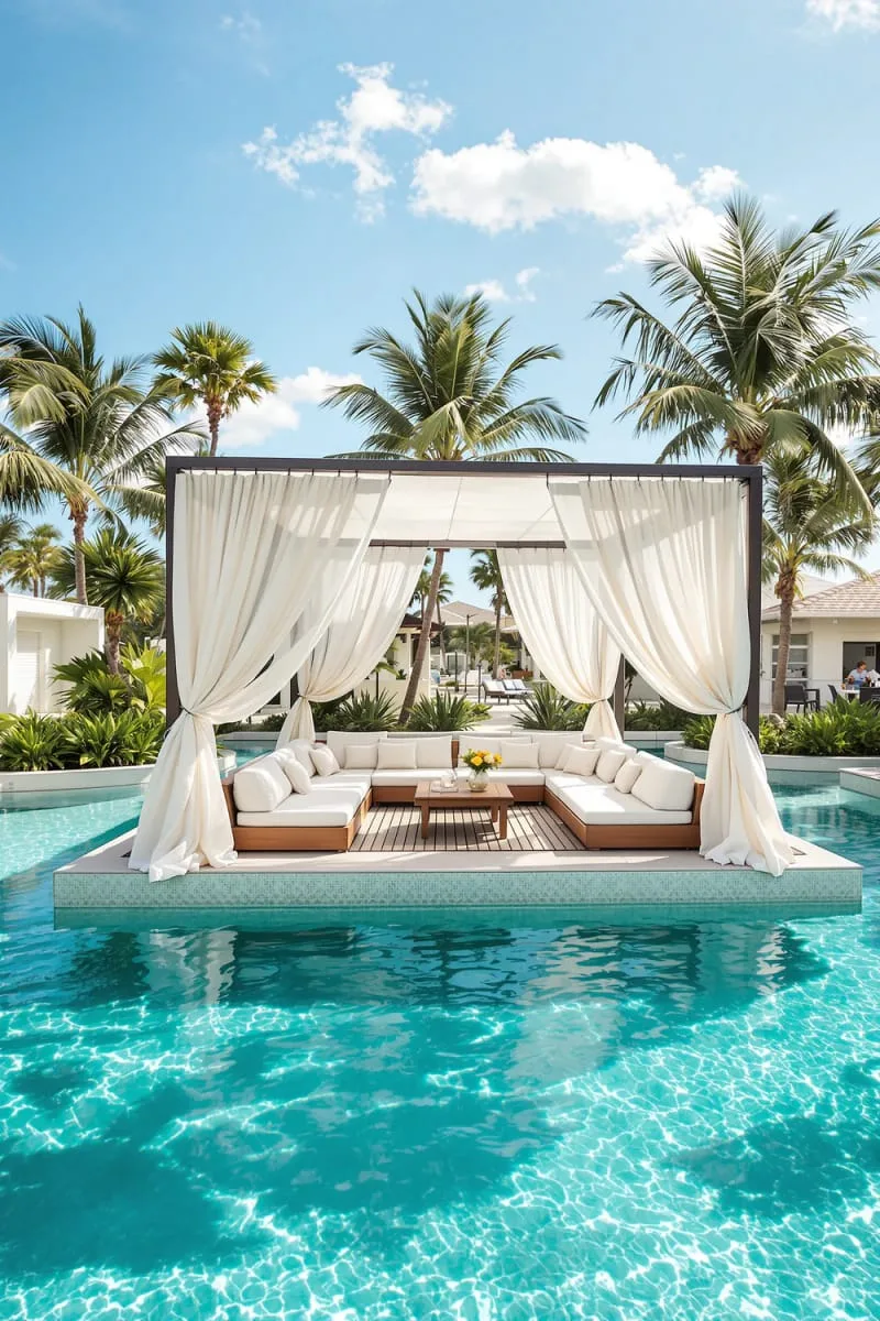 sunken seating pool cabana surrounded by water for a floating effect 1