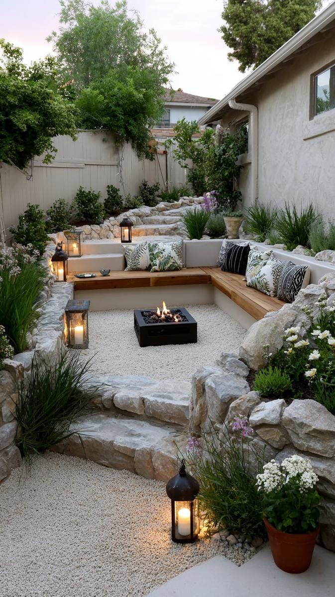 sunken seating zone in gravel-filled yard 1