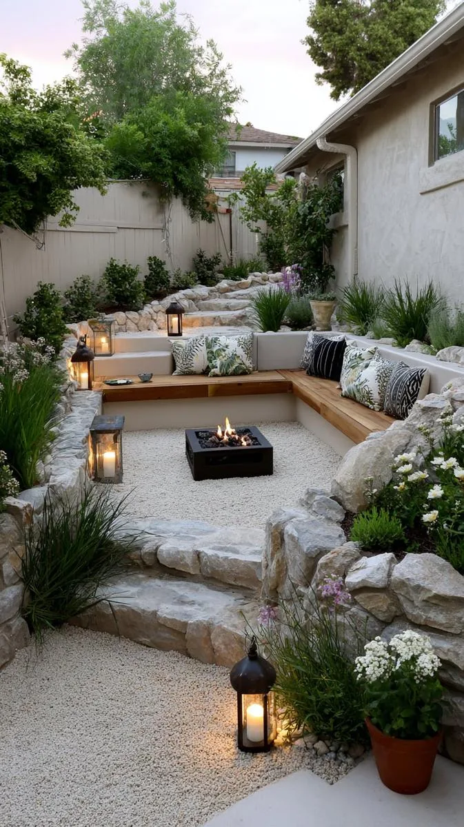 15 Smaller Backyard Landscaping Ideas That Maximize Space & Style 42 sunken seating zone in gravel-filled yard 1