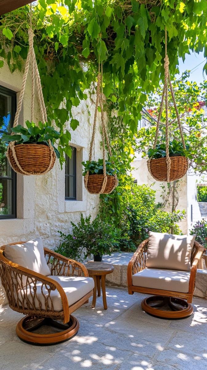 suspended macrame planters with trailing vines for an enchanting vertical garden effect 1