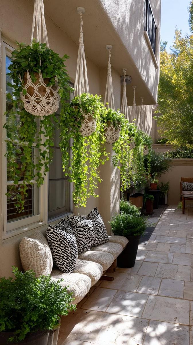 suspended macrame planters with trailing vines for an enchanting vertical garden effect 1