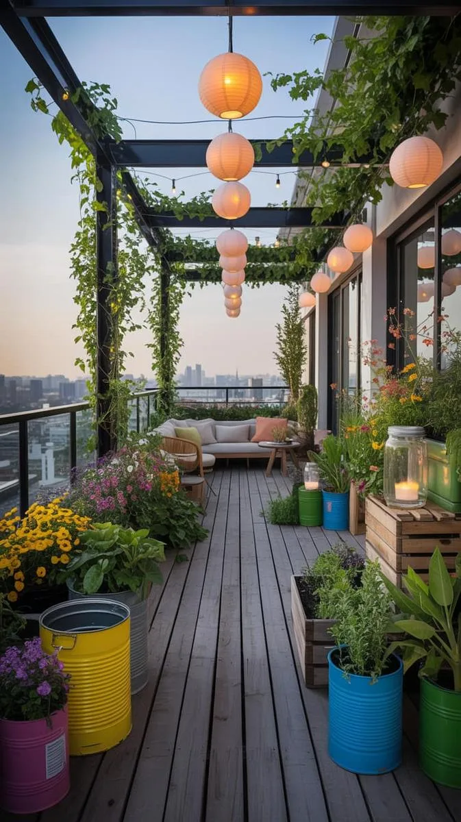 sustainable terrace garden using recycled containers and solar lanterns 1