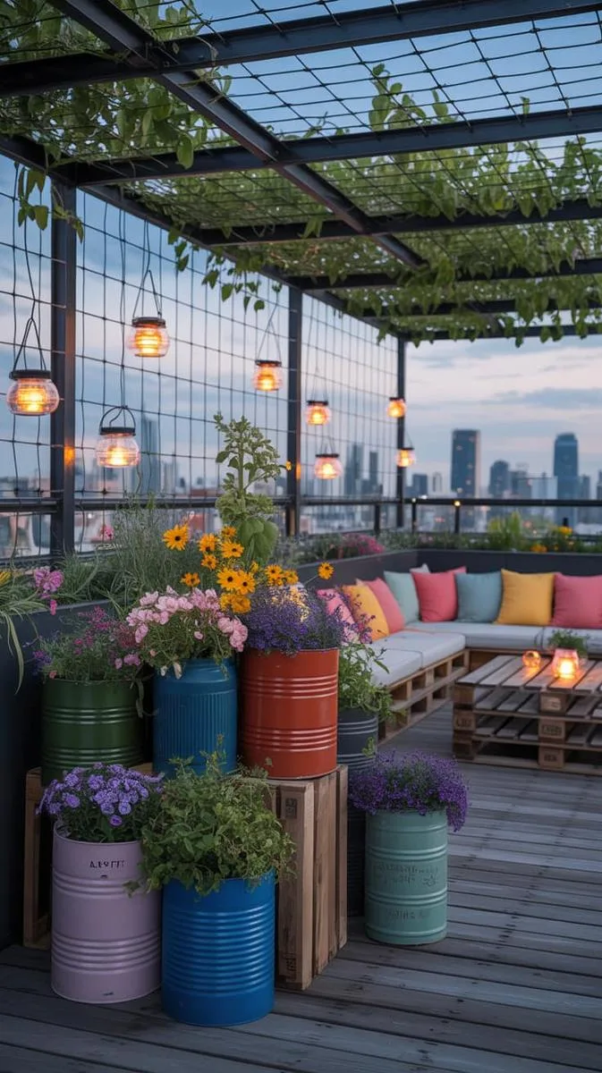 sustainable terrace garden using recycled containers and solar lanterns 1