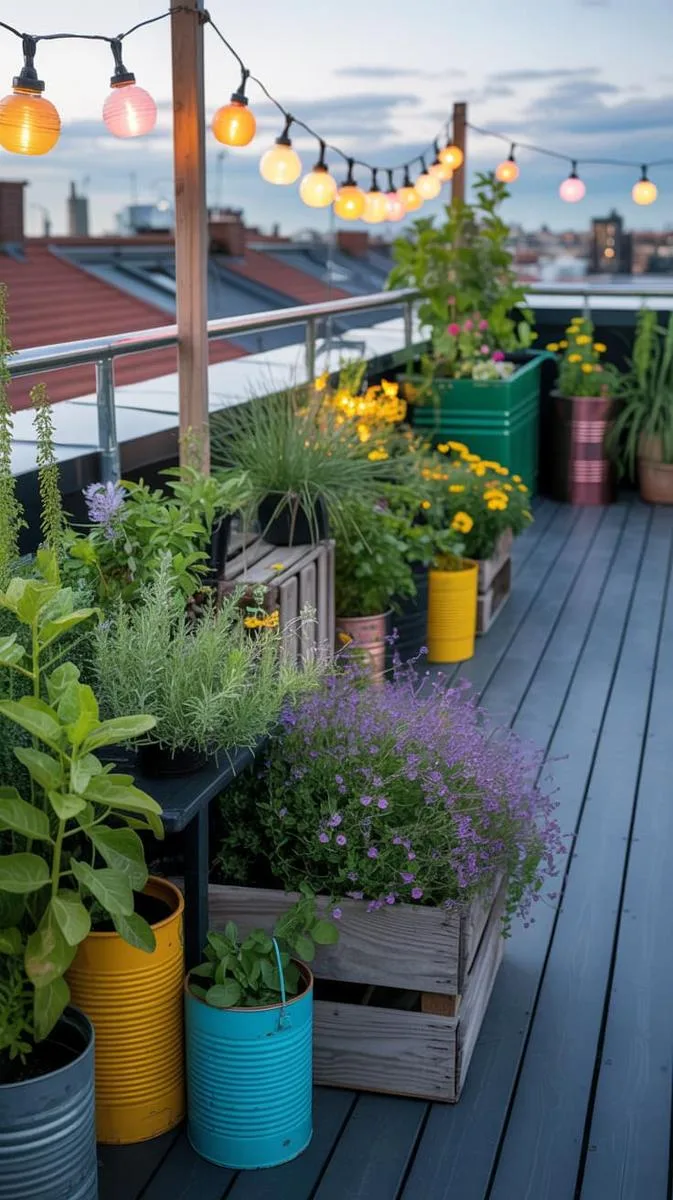 sustainable terrace garden using recycled containers and solar lanterns 1