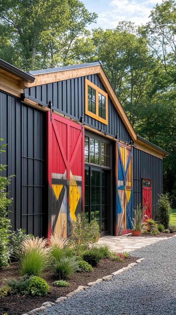 tall sliding barn doors painted in bold geometric patterns 1
