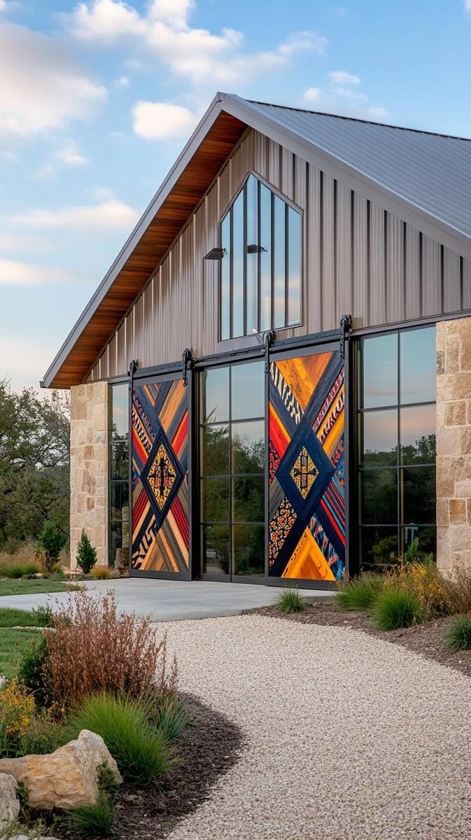 tall sliding barn doors painted in bold geometric patterns 1