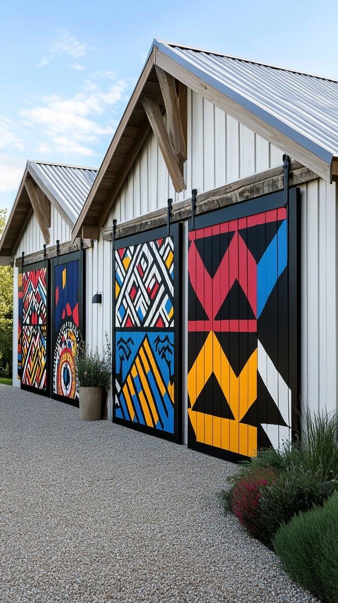 tall sliding barn doors painted in bold geometric patterns 1