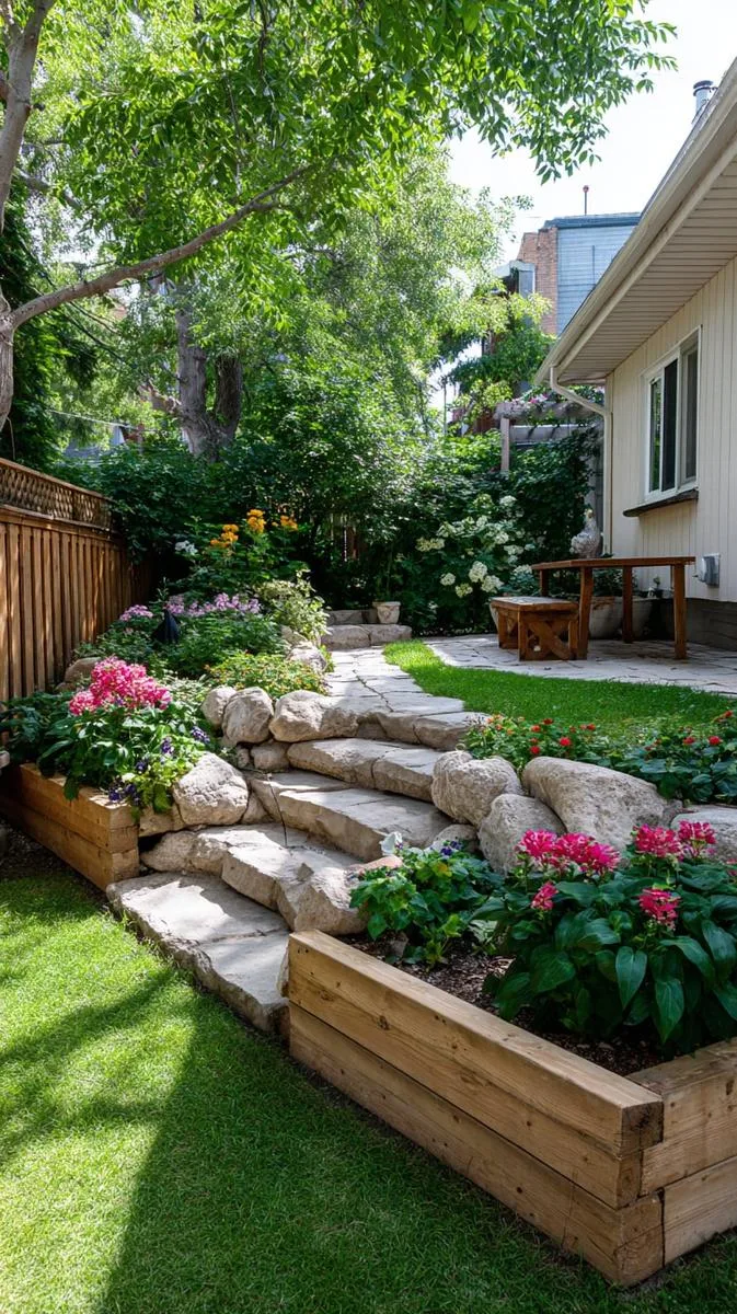 15 Smaller Backyard Landscaping Ideas That Maximize Space & Style 43 tiered garden beds with wood edging 1