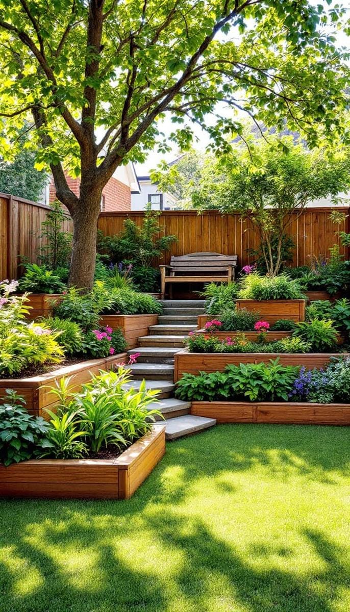 tiered garden beds with wood edging 1