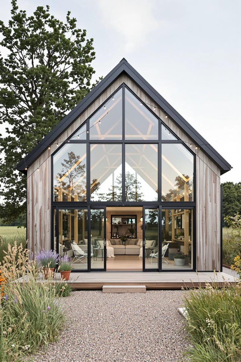 21 Small Barn House Designs with Modern Rustic Charm 38 tiny barn house with double-height gable glass 1