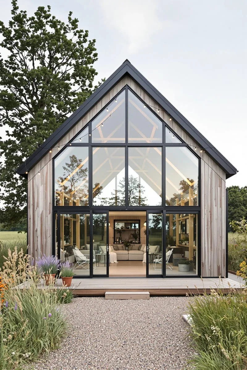 21 Small Barn House Designs with Modern Rustic Charm 38 tiny barn house with double-height gable glass 1