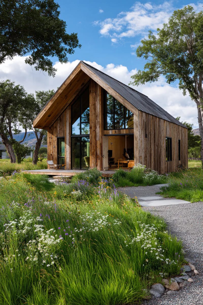 21 Small Barn House Designs with Modern Rustic Charm 40 tiny barn house with double-height gable glass 1