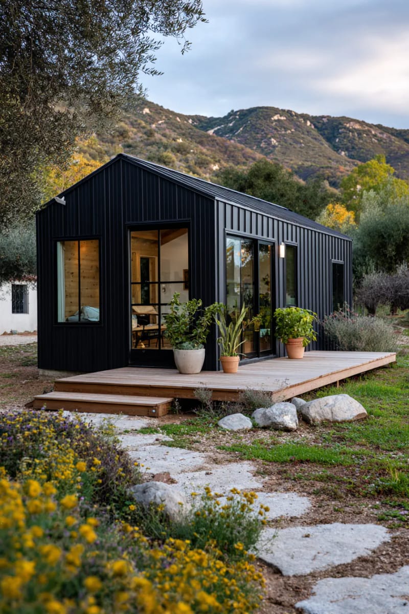 21 Small Barn House Designs with Modern Rustic Charm 59 tiny barn studio with modern black vertical panels 1