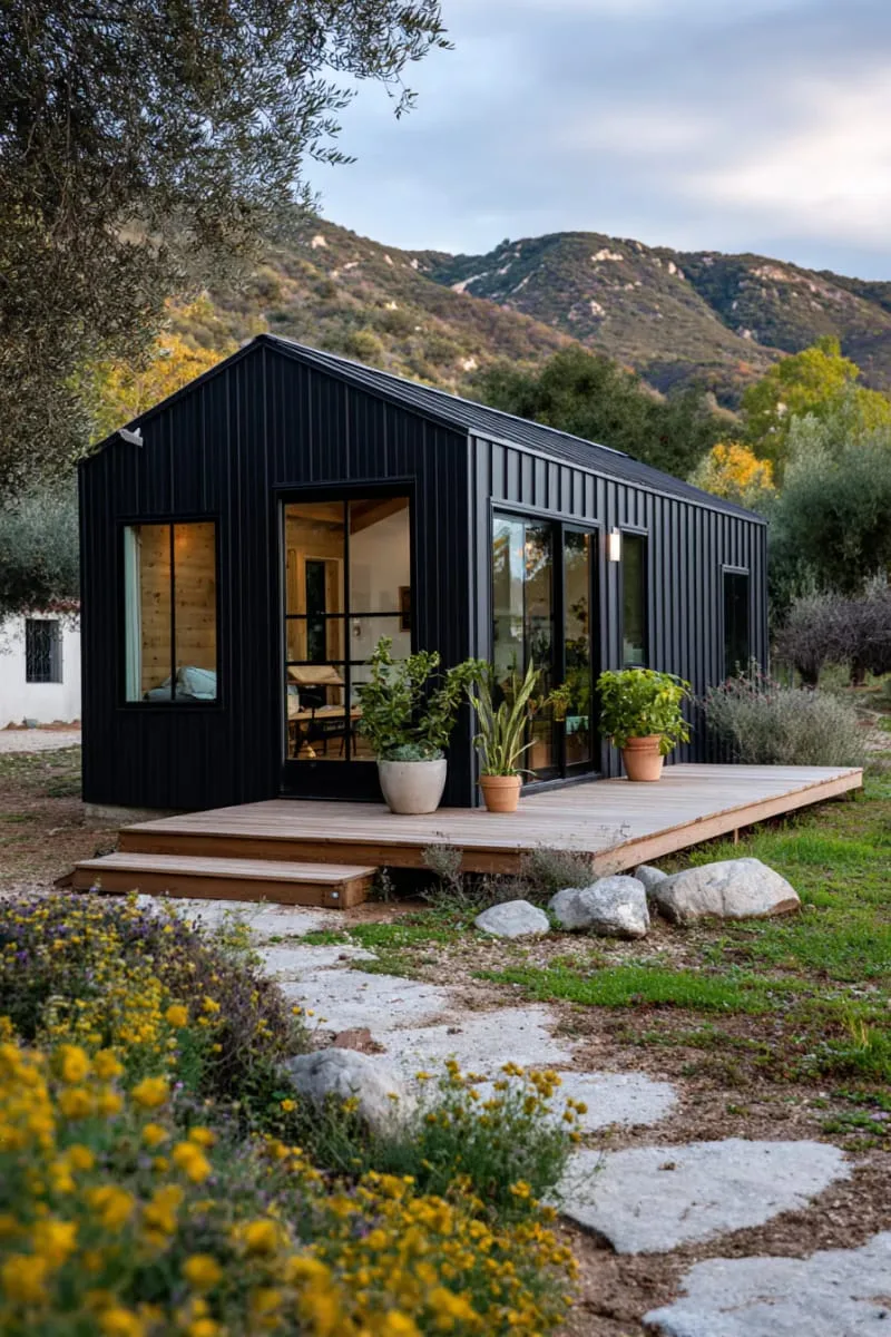21 Small Barn House Designs with Modern Rustic Charm 59 tiny barn studio with modern black vertical panels 1