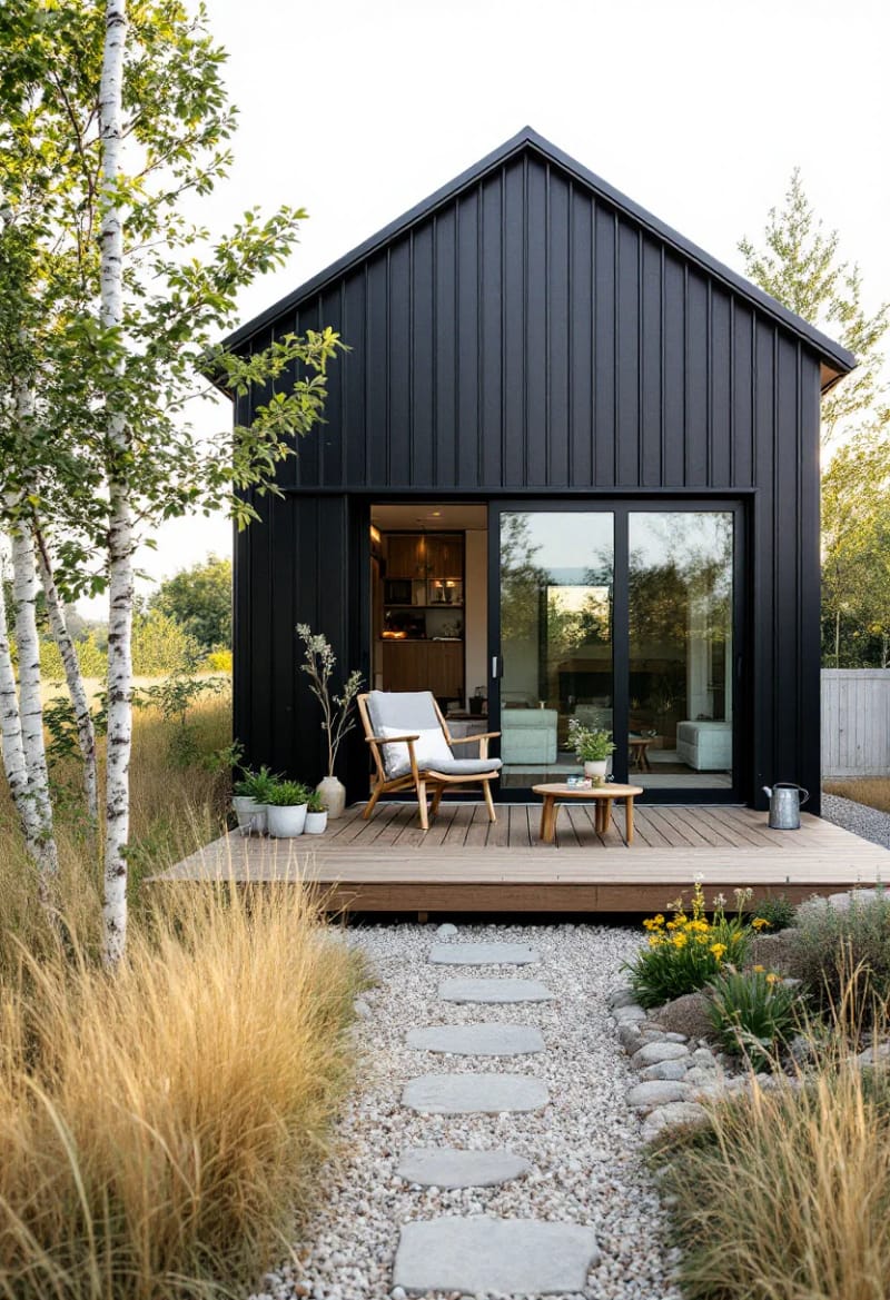 21 Small Barn House Designs with Modern Rustic Charm 60 tiny barn studio with modern black vertical panels 1