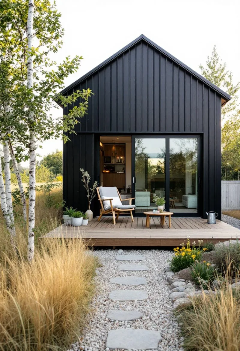21 Small Barn House Designs with Modern Rustic Charm 60 tiny barn studio with modern black vertical panels 1