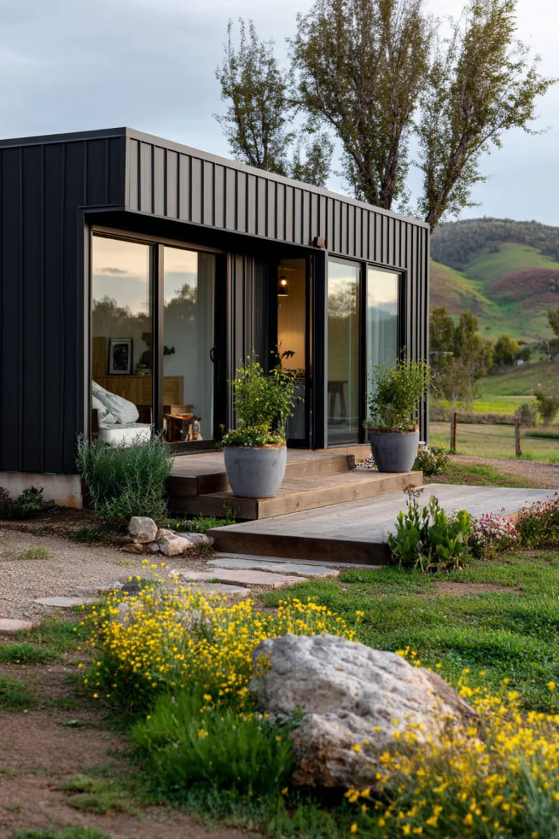 21 Small Barn House Designs with Modern Rustic Charm 61 tiny barn studio with modern black vertical panels 1