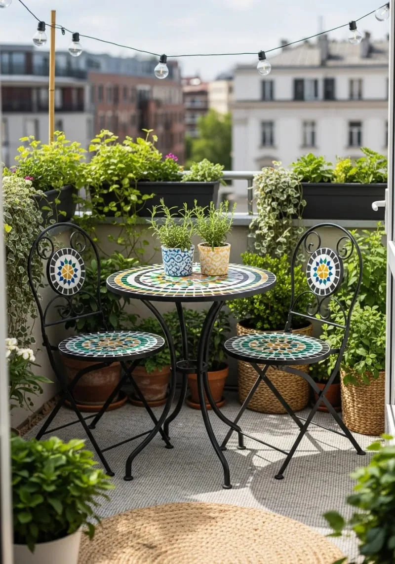 tiny mosaic-tiled bistro set for an artistic café corner 1