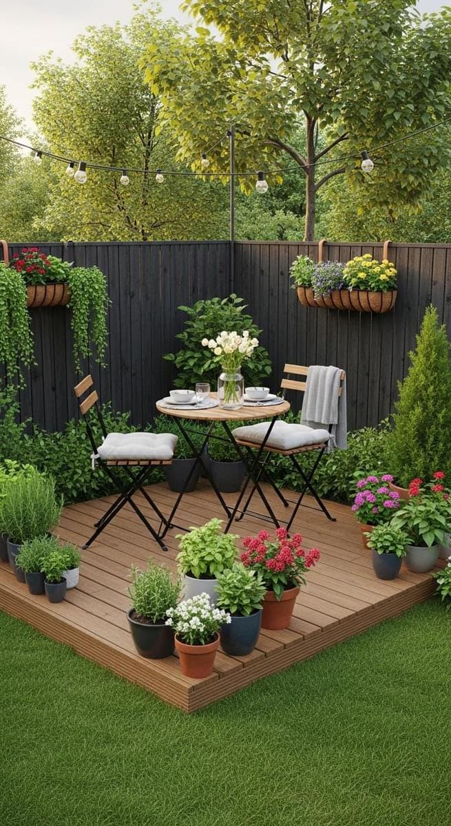 tiny raised deck for potted garden gatherings 1