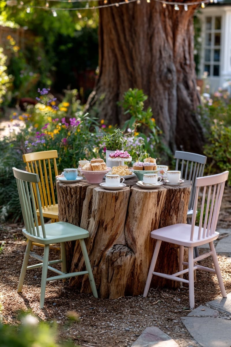 21 Creative Backyard Ideas You’ll Want to Copy Now 42 tree stump tabletop with mismatched chairs for a magical tea party setting. 1