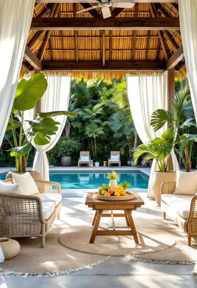 tropical oasis cabana with bamboo details and lush potted palms 1