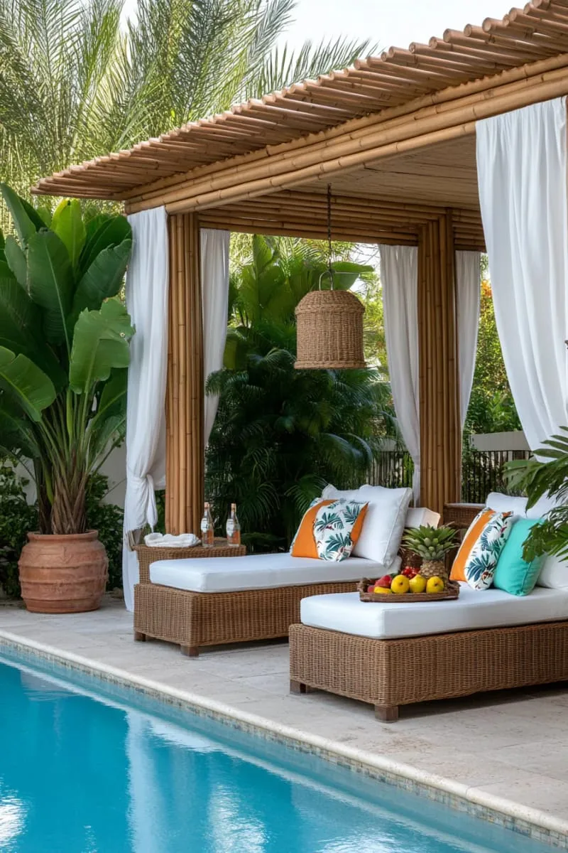 tropical oasis cabana with bamboo details and lush potted palms 1